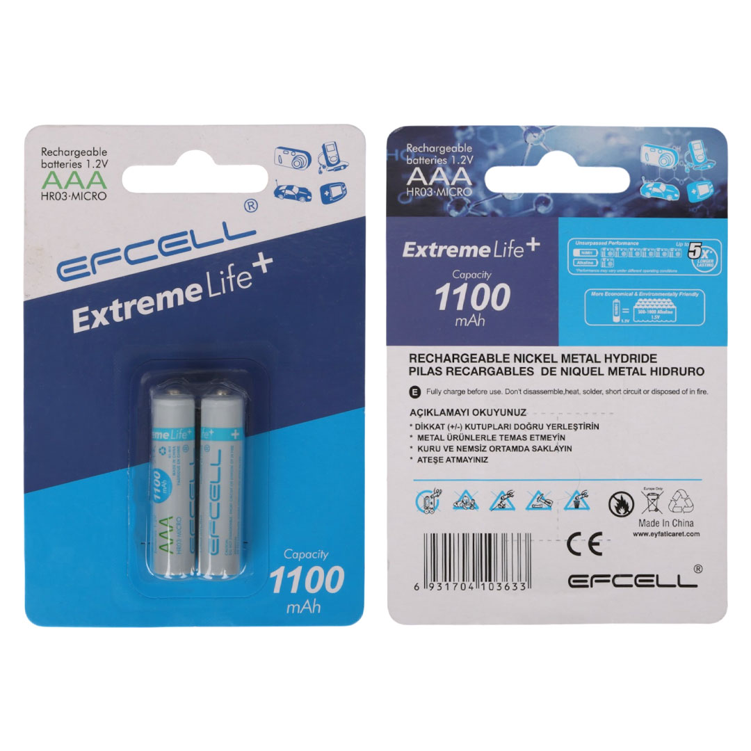 M2368-EFCELL EXTREME LİFE+ 1.2 VOLT 1100MAH AAA İNCE ŞARJLI PİL 2'Lİ PAKET FİYATI